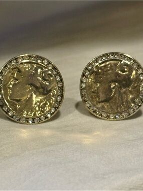 Vtg Nettie Rosenstein Cosimo III de’ Medici Coin Earrings with Pave’ Halo Rim